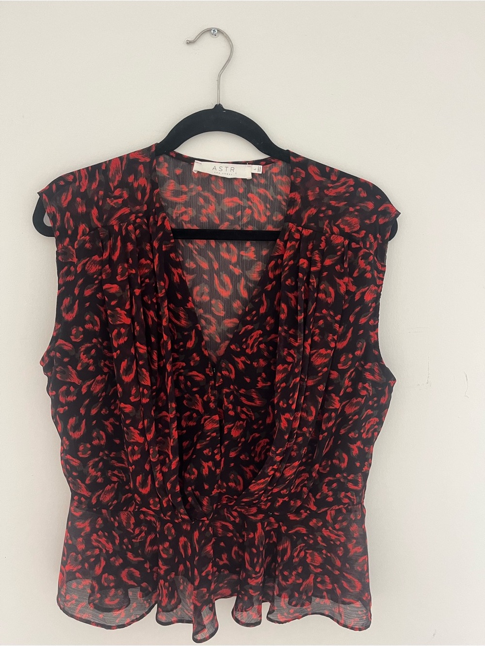 Astr Black Sheer Blouse with Red Leopard Print